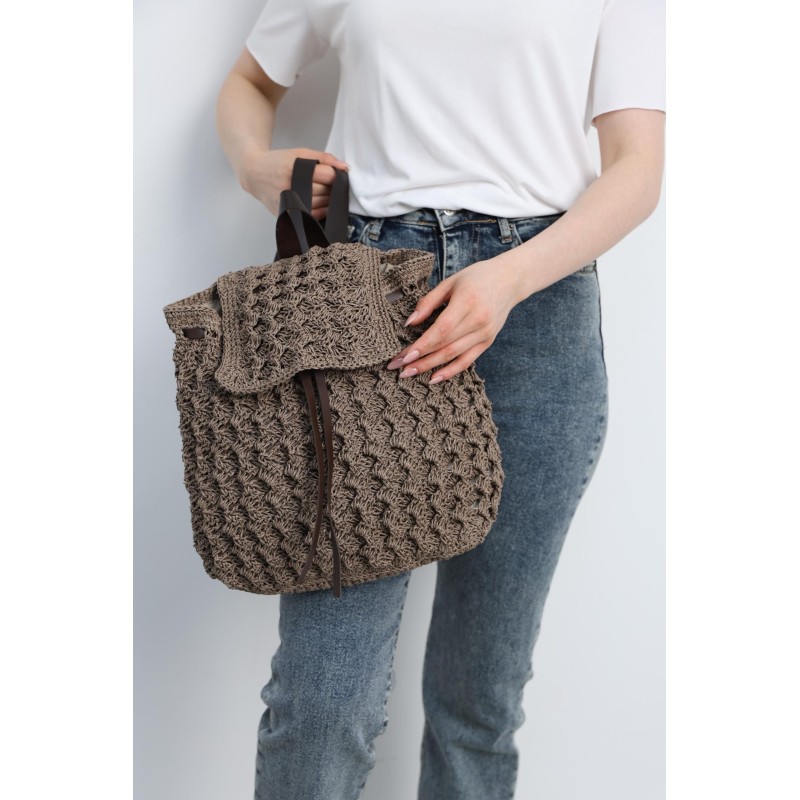 Hand-crocheted tan backpack