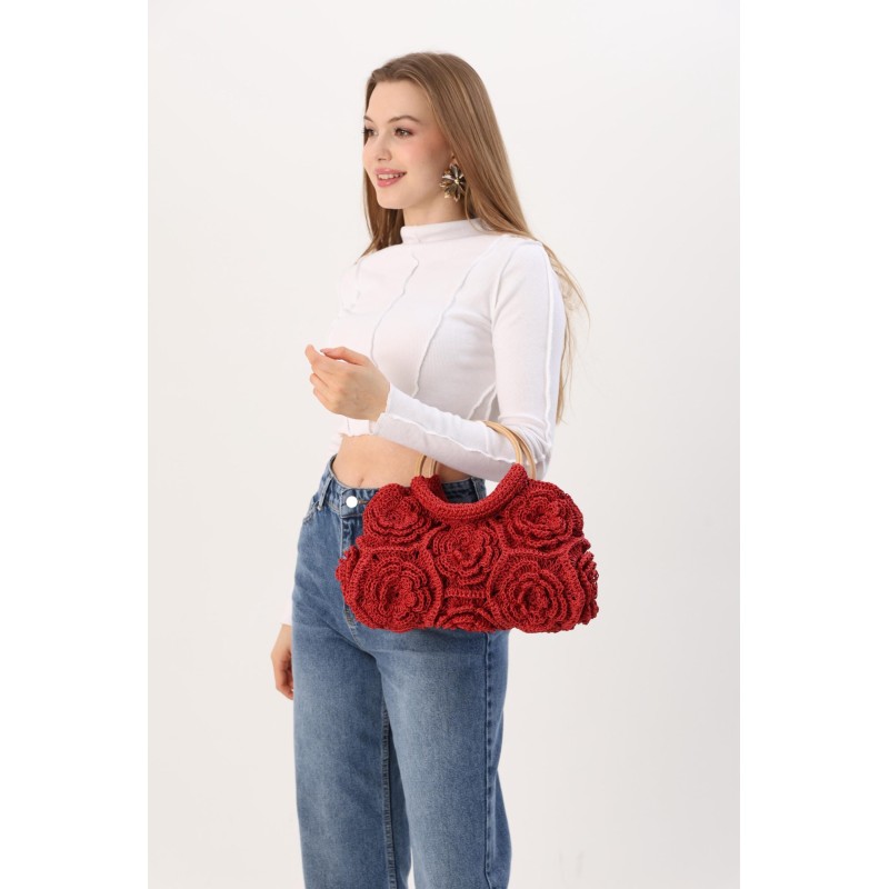 Handmade Crocheted Flower Red Handbag