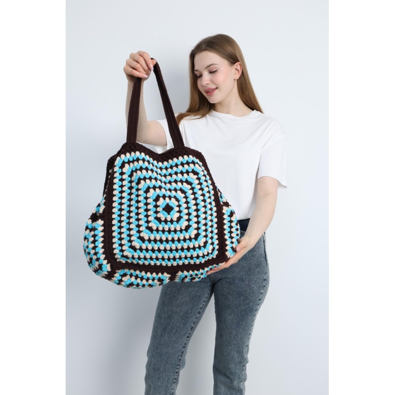 Blue, white and brown colorblock tote bag