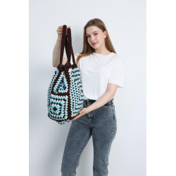 Blue, white and brown colorblock tote bag