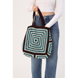 Blue, white and brown colorblock tote bag