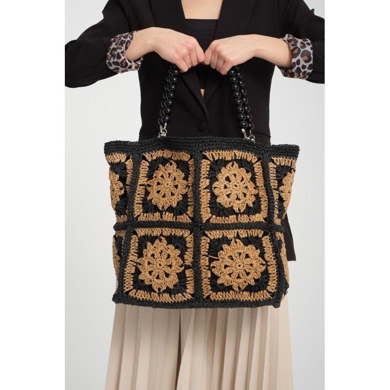Brown and yellow crochet square patchwork bag