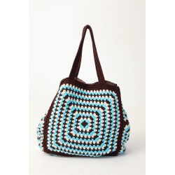 Blue, white and brown colorblock tote bag