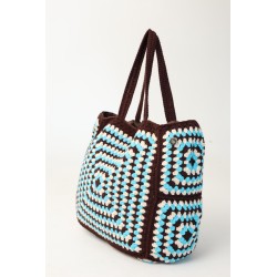 Blue, white and brown colorblock tote bag