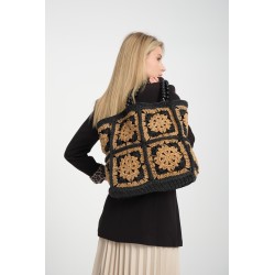 Brown and yellow crochet square patchwork bag