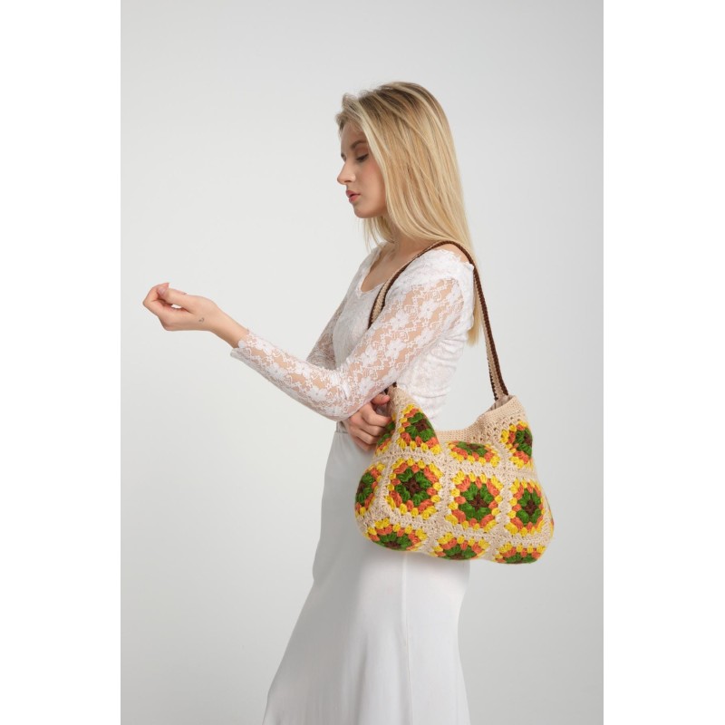 Hand-crocheted patchwork off-white shoulder bag