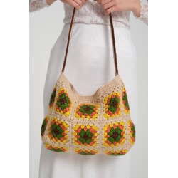 Hand-crocheted patchwork off-white shoulder bag