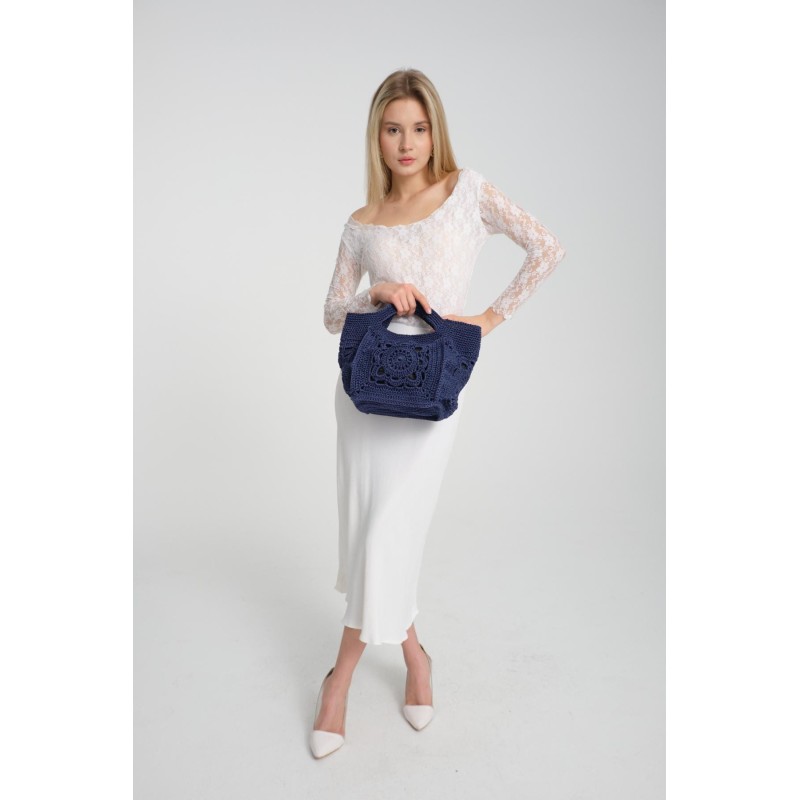 Navy blue hand-crocheted hollow handbag