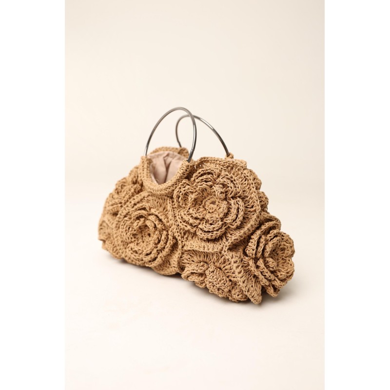Beige Floral Crochet Bag with Metal Handle Tote