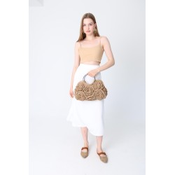 Beige Floral Crochet Bag with Metal Handle Tote
