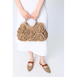 Beige Floral Crochet Bag with Metal Handle Tote