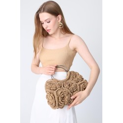Beige Floral Crochet Bag with Metal Handle Tote