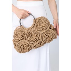 Beige Floral Crochet Bag with Metal Handle Tote