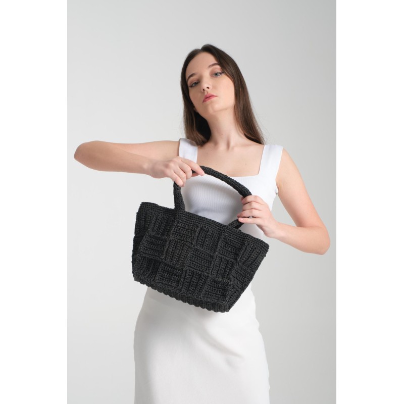 Black crochet handbag with square stitching