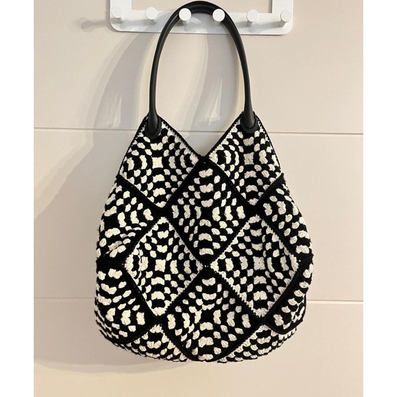 Black and White Crochet Leather Handle Tote