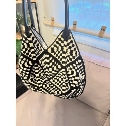 Black and White Crochet Leather Handle Tote