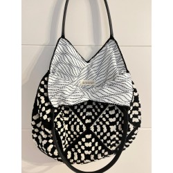 Black and White Crochet Leather Handle Tote