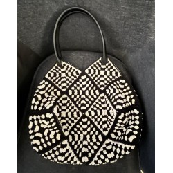 Black and White Crochet Leather Handle Tote
