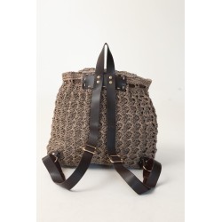 Hand-crocheted tan backpack