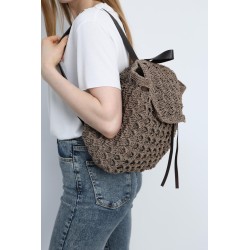 Hand-crocheted tan backpack