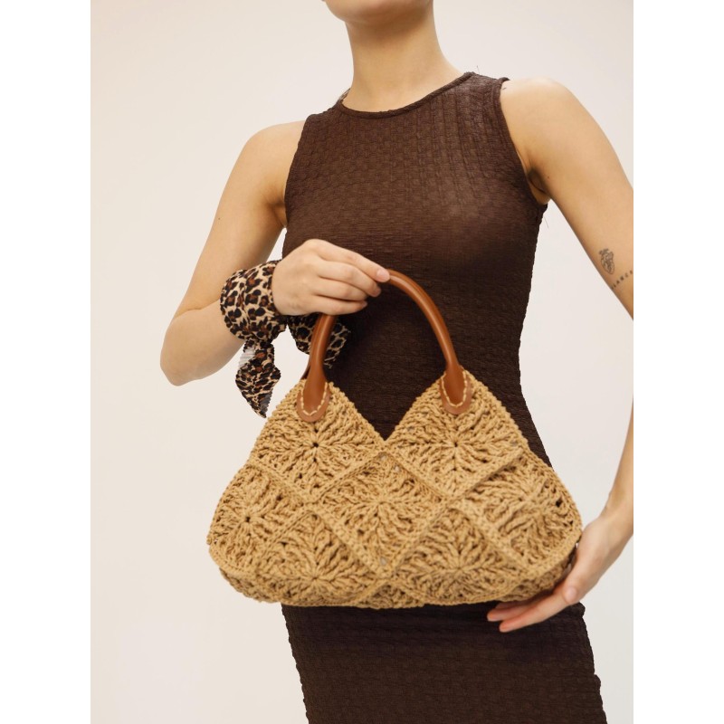 Faux leather short handle crocheted straw handbag