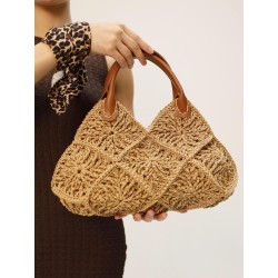 Faux leather short handle crocheted straw handbag
