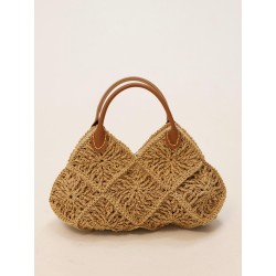 Faux leather short handle crocheted straw handbag