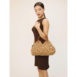 Faux leather short handle crocheted straw handbag