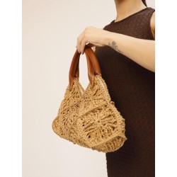Faux leather short handle crocheted straw handbag