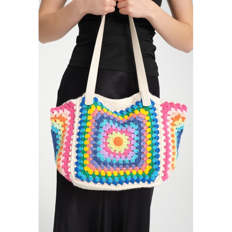 Hand-crocheted rainbow colorblock tote bag