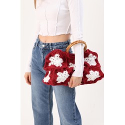Crocheted red and white snowflake pattern handbag